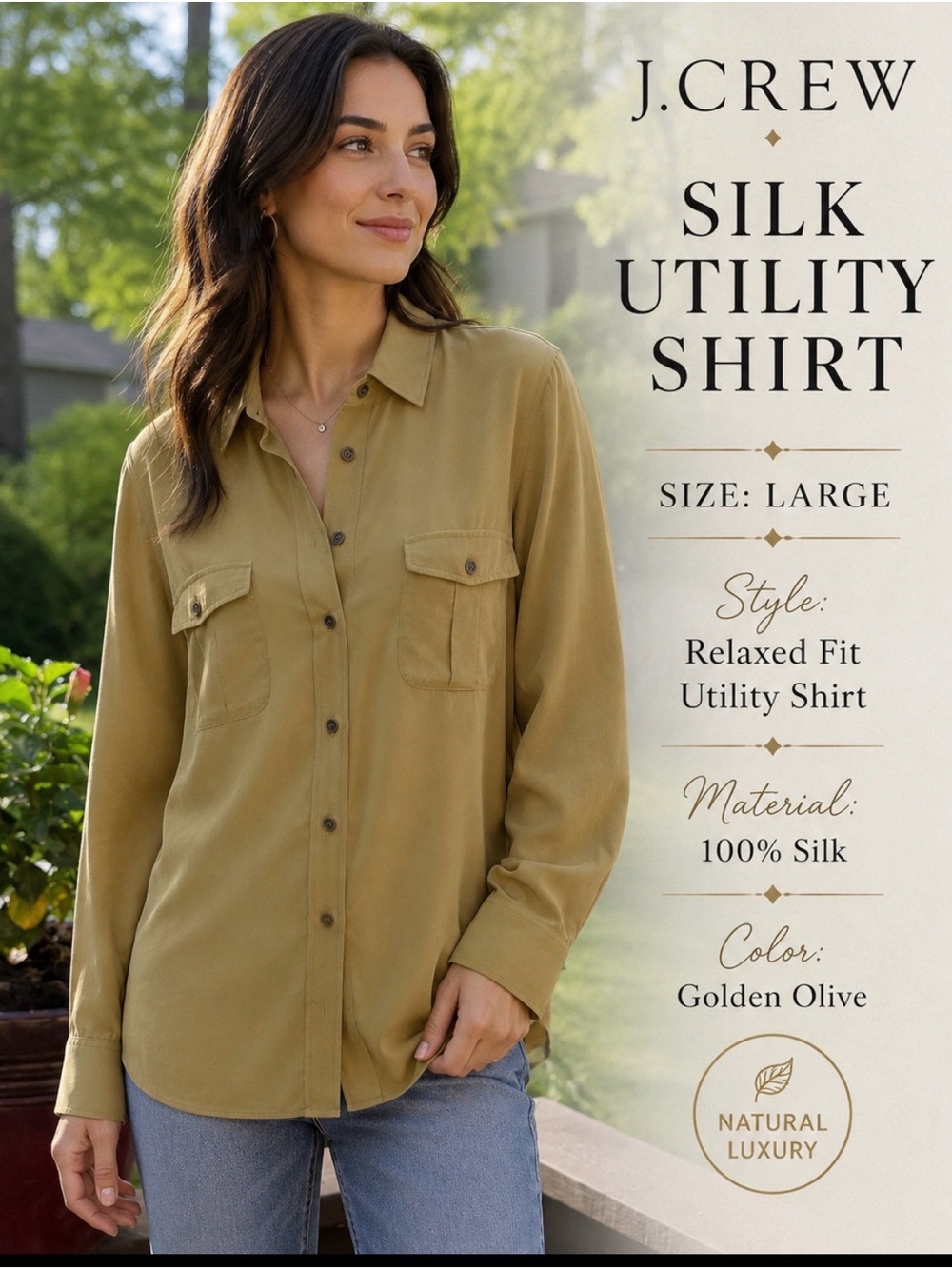 J. Crew 100% Silk Golden Olive Button-Up Blouse Top Utility Pockets